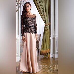 Terani Couture embellished Black roses and Cream peplum Gown